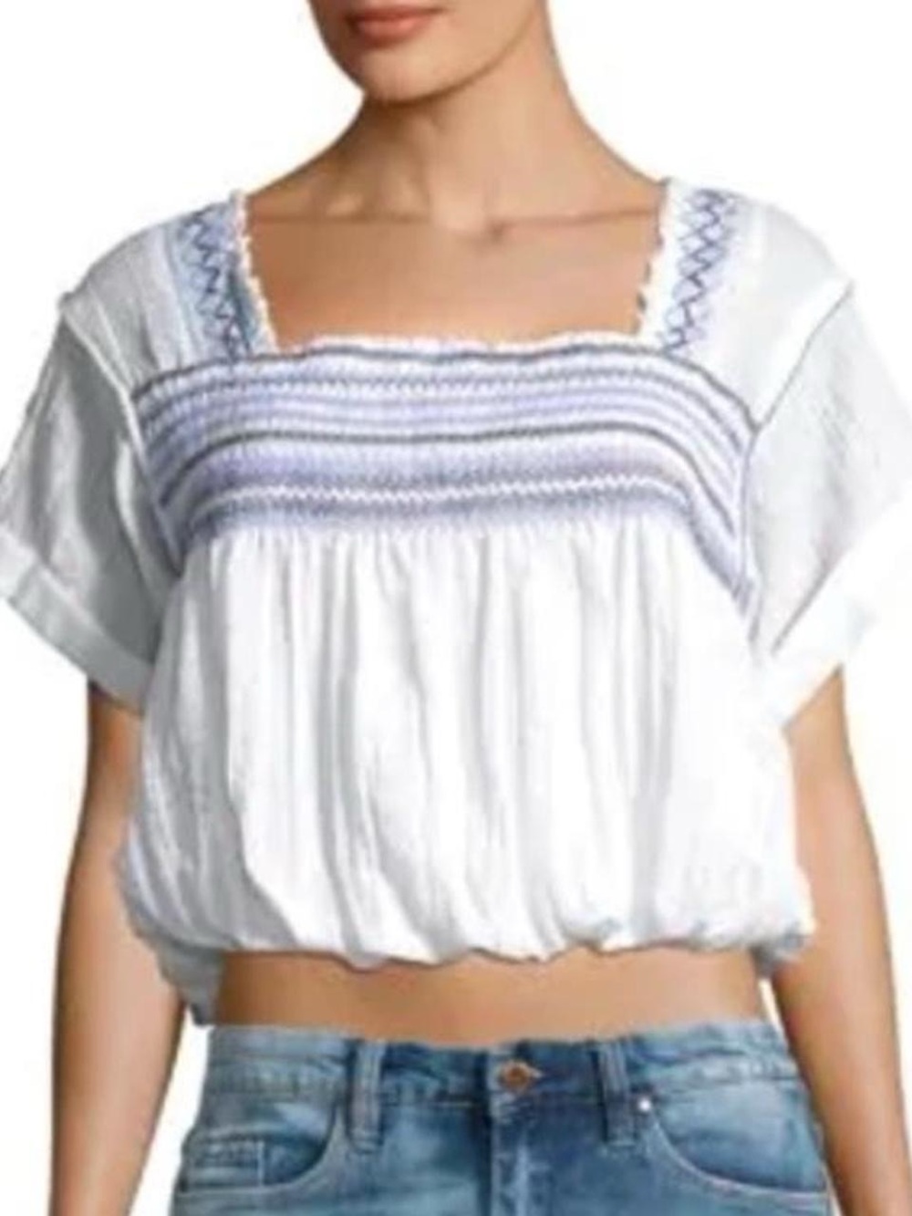 Free People Wandering Skies White Embroidered Square-Neck Crop Top
